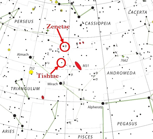Zenetae : étoile 42 Andromède, appelée aussi Phi Andromède - Tishtae : étoile 44 Andromède