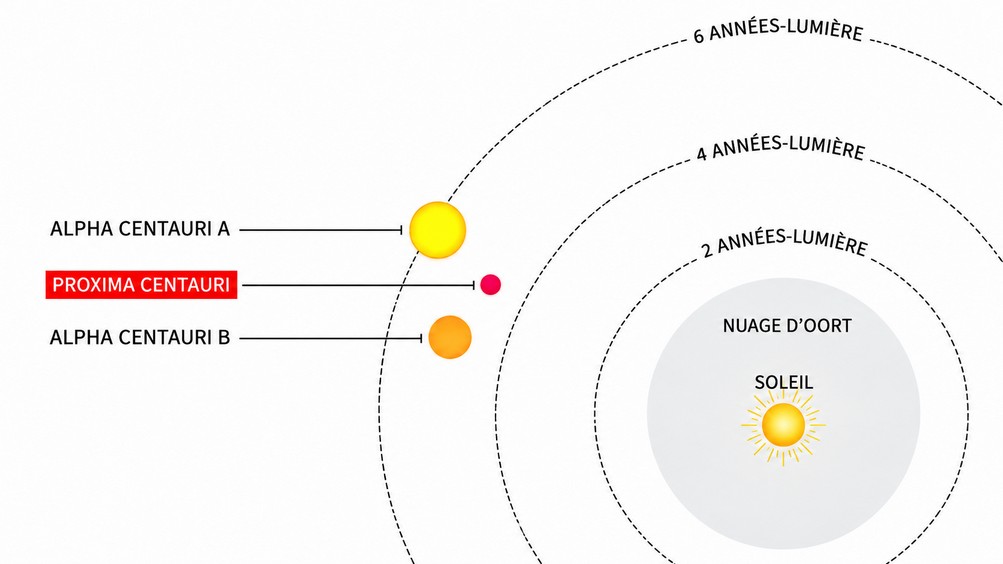 Système Alpha du Centaure, le plus proche système de la Terre à environ 4,2 années-lumière de la Terre, consituté de 3 étoiles : Alpha A (ou Alpha alpha, appelée aussi Rigel Kentaurus), Alpha B (ou Alhpha beta, appelée aussi Toliman) et Alpha C (ou Alpha gamma, plus petite, mais étant actuellement celle au plus proche du Soleil en distance a été appaelée "Proxima du Centaure").