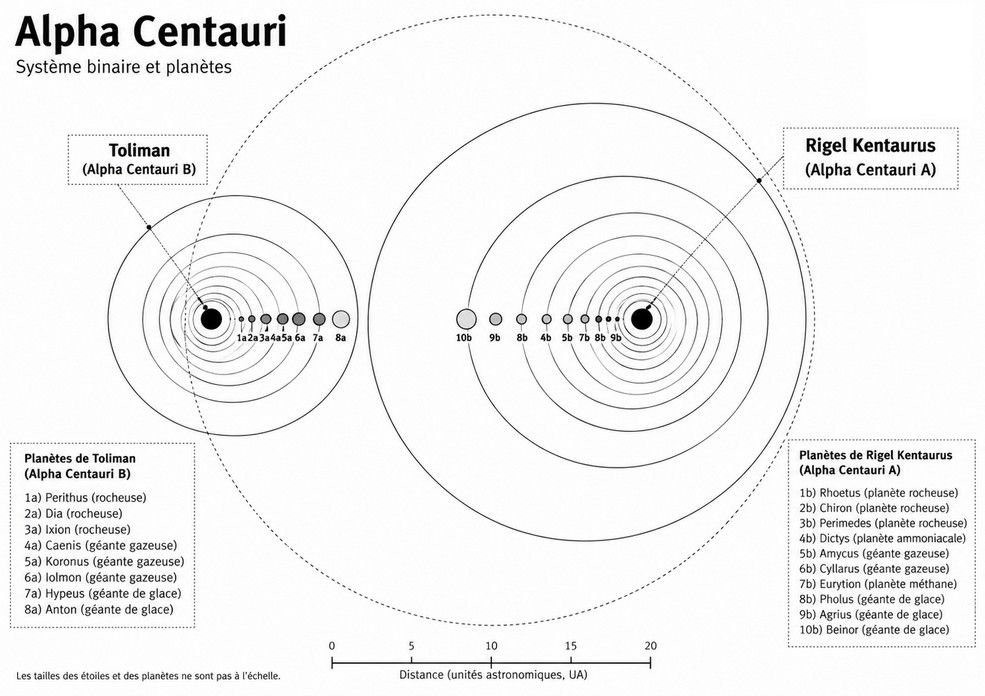 Des exoplanètes découvertes par l'astronomie moderne autour de Rigel Kentaurus, l'étoile Alpha A du système Alpha du Centaure, et de Toliman, l'étoile Alpha B du système du Centaure.